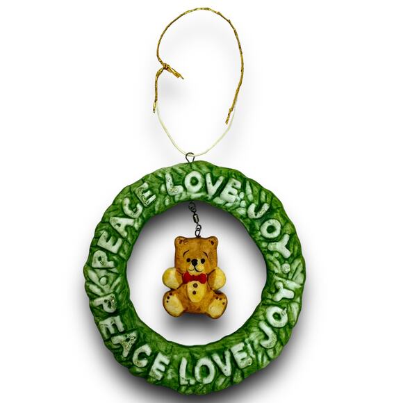 Vintage Jasco Taiwan Hand Painted Bisque Porcelain Wreath Bear Tree Ornament - Picture 2 of 5